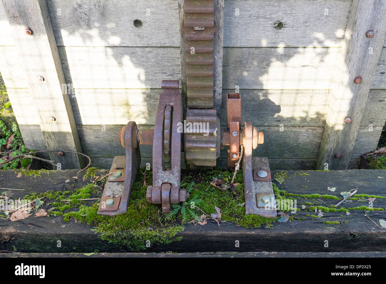 Old iron winding mechanism and ratchet on sluice gates Stock Photo Alamy