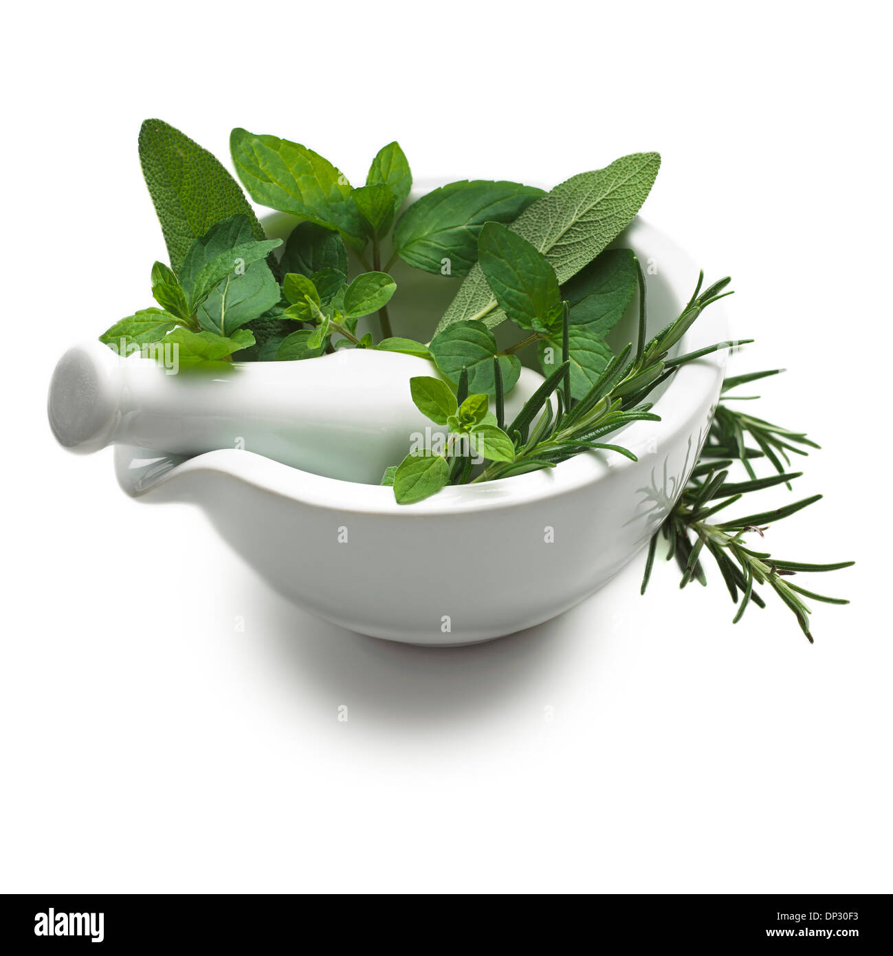 Herbs in a mortar and pestle Stock Photo