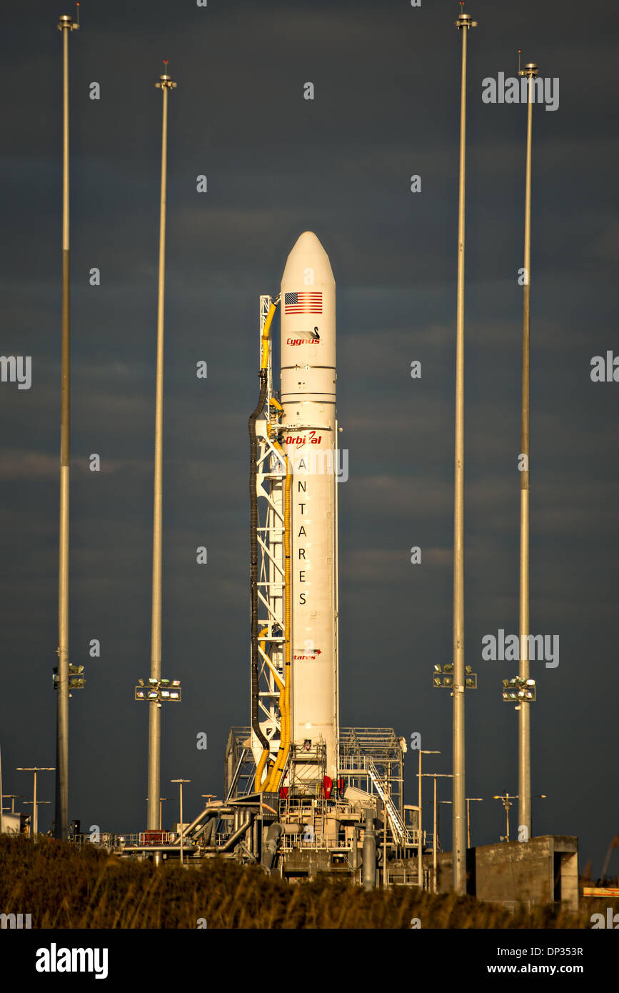 Orbital Sciences Corporation Antares rocket on launch Pad-0A at NASA's Wallops Flight Facility ready for launch January 6, 2014 in Wallops Island, VA. The Antares will launch a Cygnus spacecraft on a cargo resupply mission to the International Space Station planned for January 8, 2014. Stock Photo