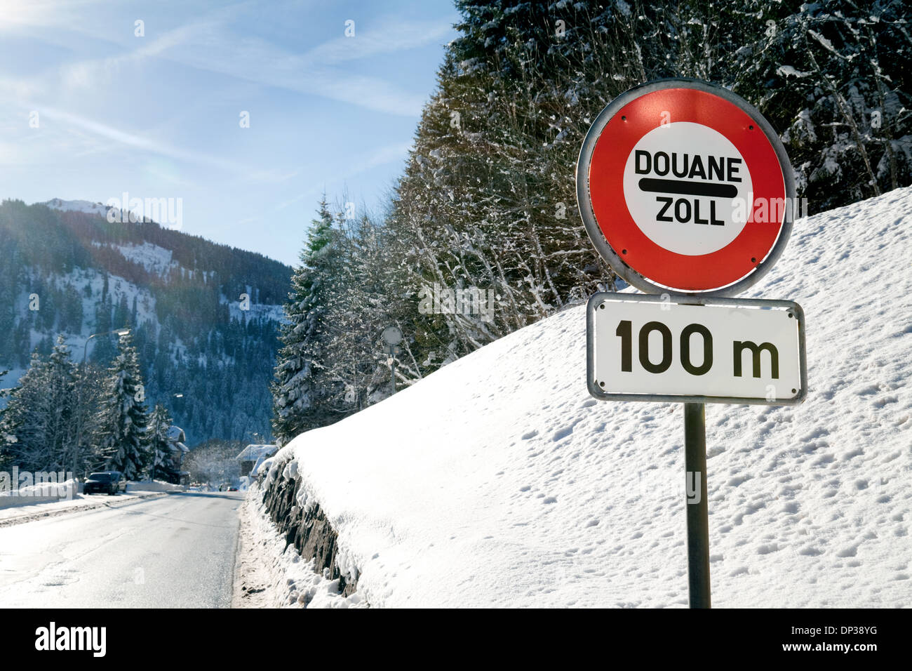 Douane sign on the road from Chatel to Morgins on the France Switzerland border, Haute Savoie, Europe Stock Photo