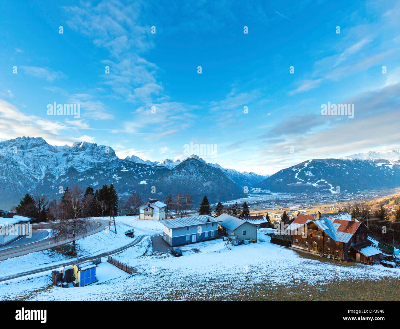 Winter morning mountain village landscape (Austria). Stock Photo