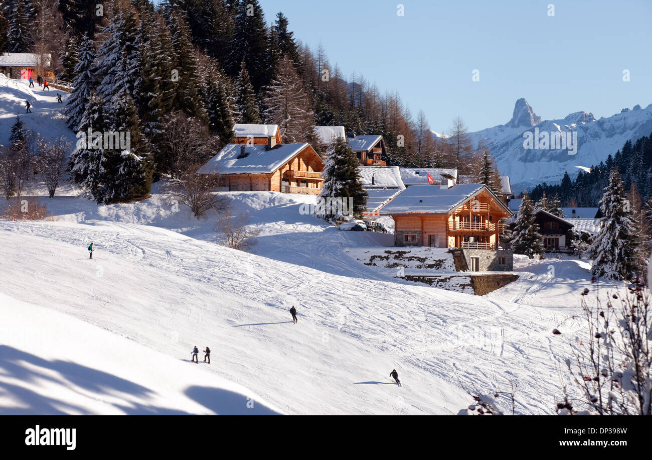 Swiss Alps winter holiday, skiing in Village, Switzerland