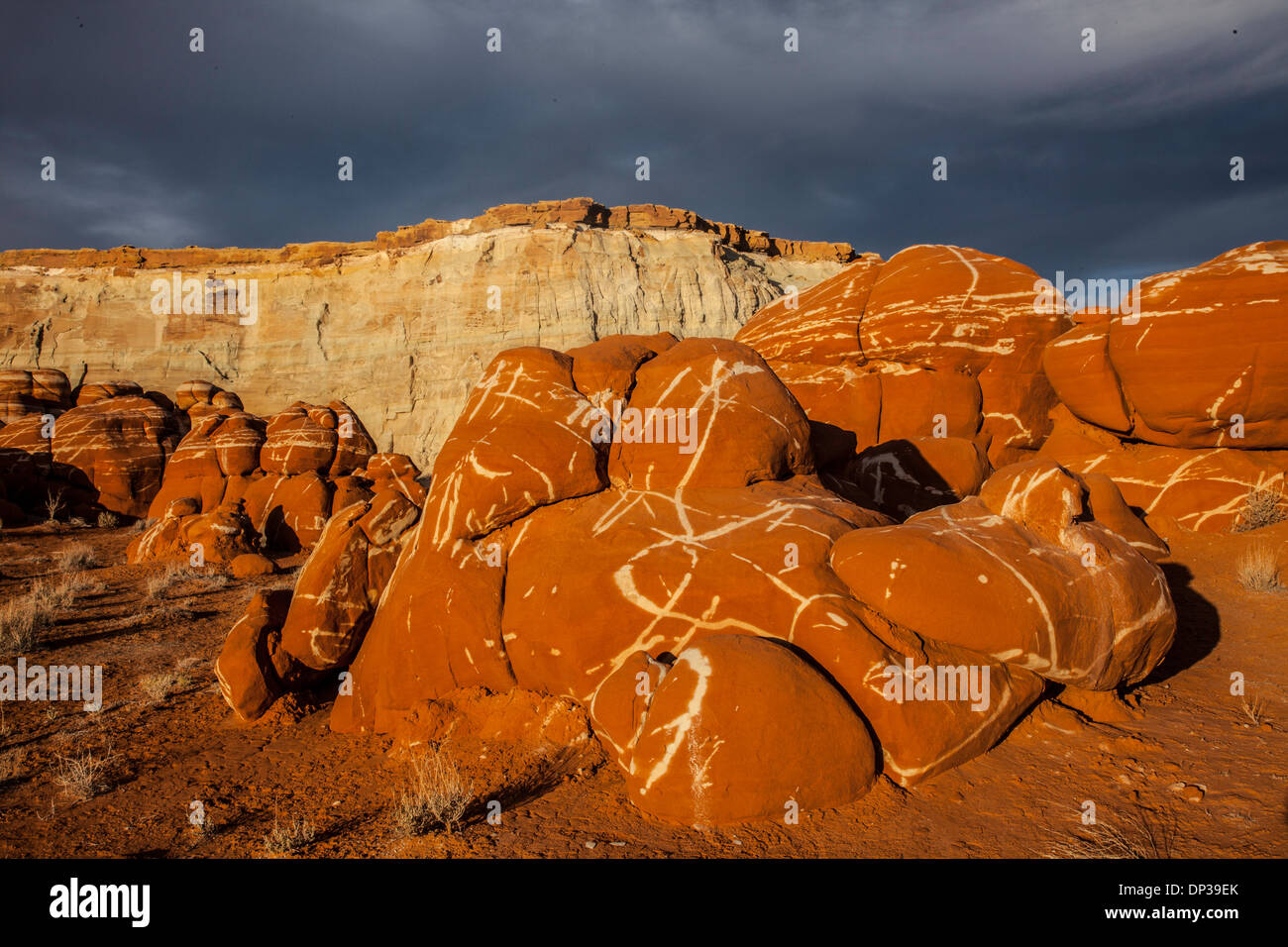 Lightning rocks and black clouds, Blue Mesa, Hopi Reservation, Arizona Stock Photo