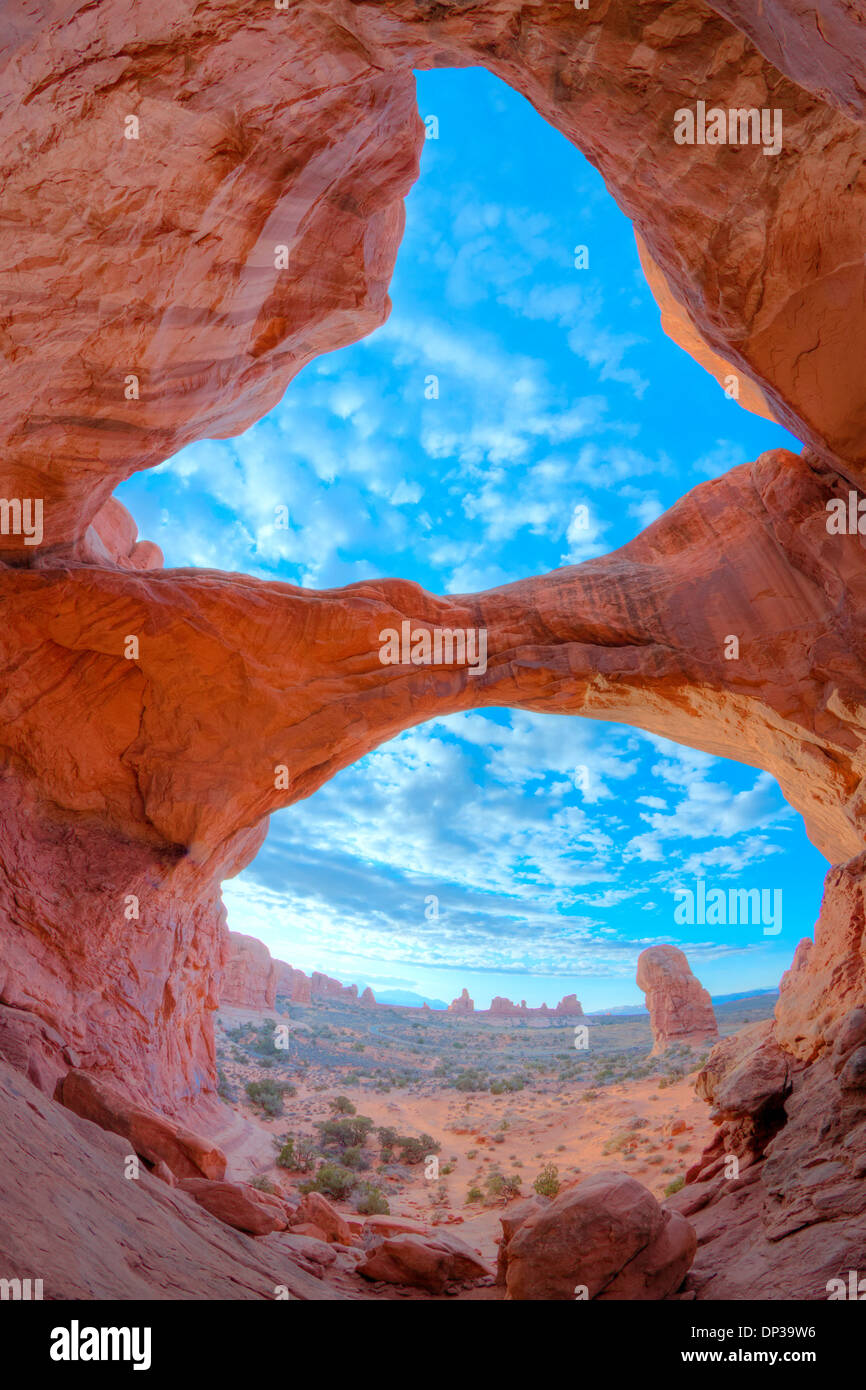 Double Arch, Arches National Park, Utah, Windows Section, Natural arches of Entrada sandstone Stock Photo