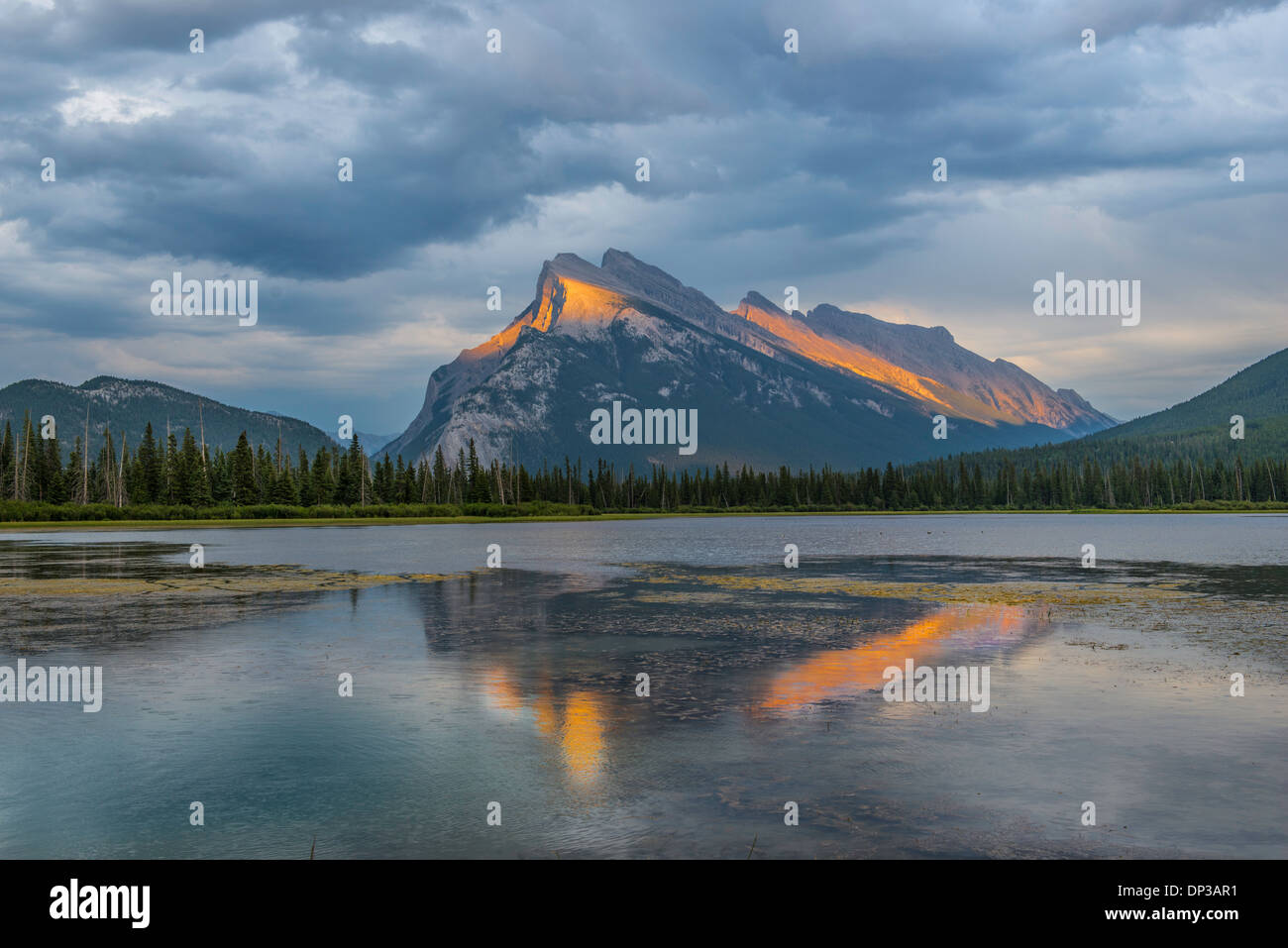 Light rays on Mount Rundle, Banff National Park, Canada, Canadian Rockies, Vermillion Lakes area Stock Photo