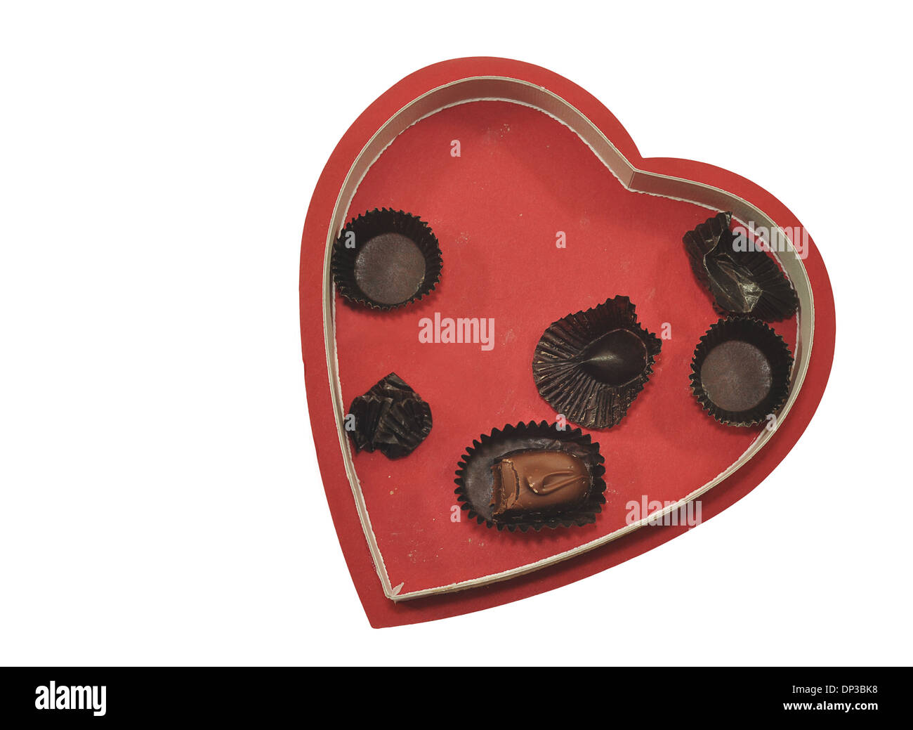 A heart shaped box of chocolates that's almost empty. Isolated on white