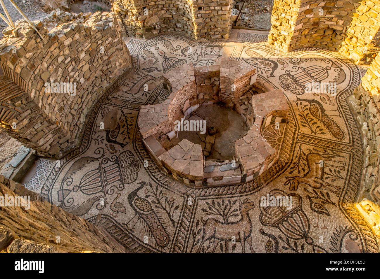 Mosaics in the Baptistereum at Stobi, Ancient Roman city in Macedonia, remains of Christian building period Stock Photo