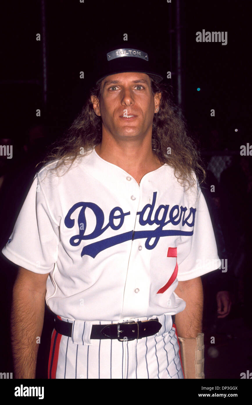 Jul 06, 2006; Los Angeles, CA, USA; [File Photo: Date Unknown] Singer  MICHAEL BOLTON dressed in Dodger Uniform at the Dodger Celebrity Baseball  Game held at Dodgers Stadium. Mandatory Credit: Photo by