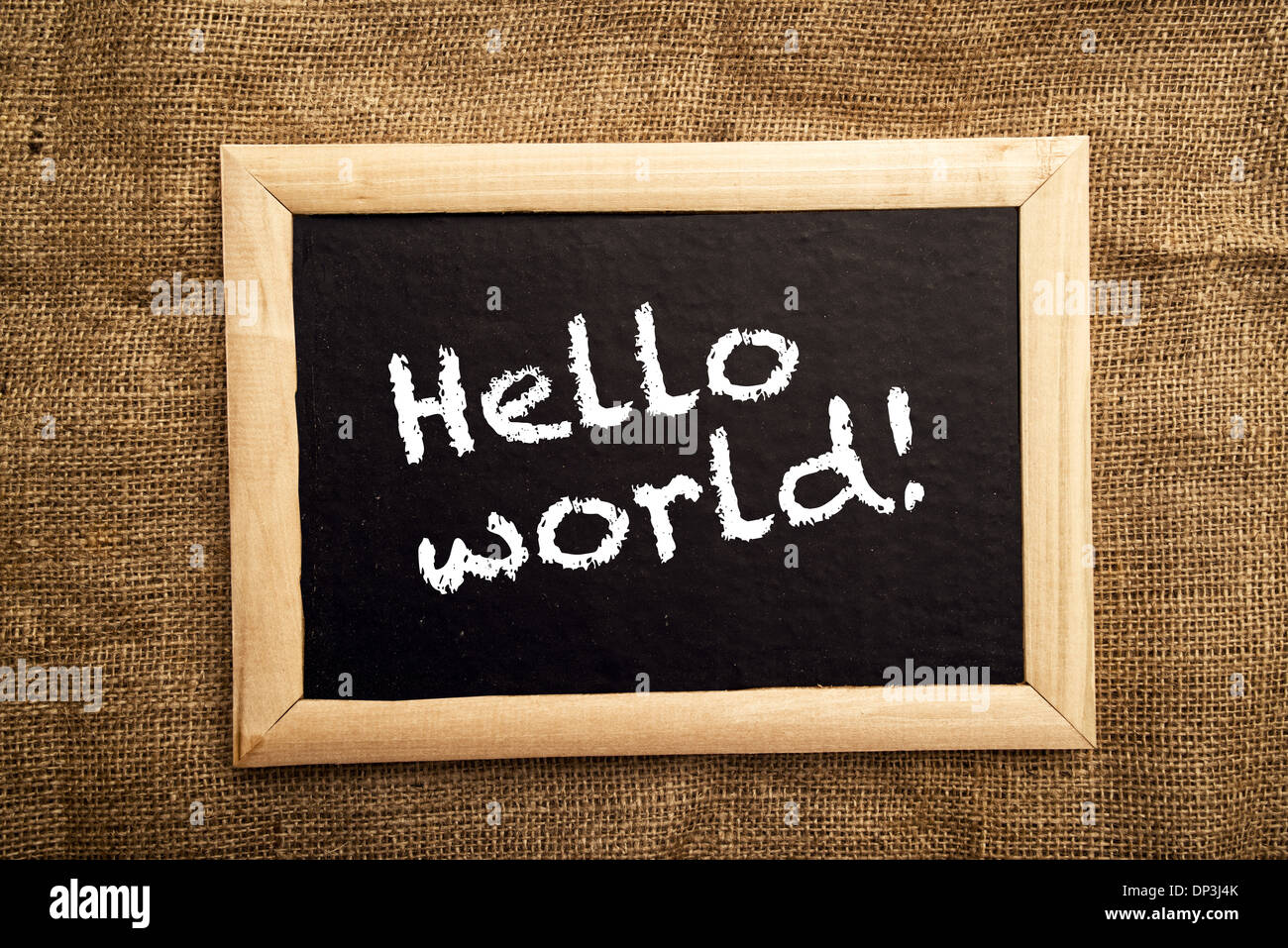 Hello world note on black message board Stock Photo