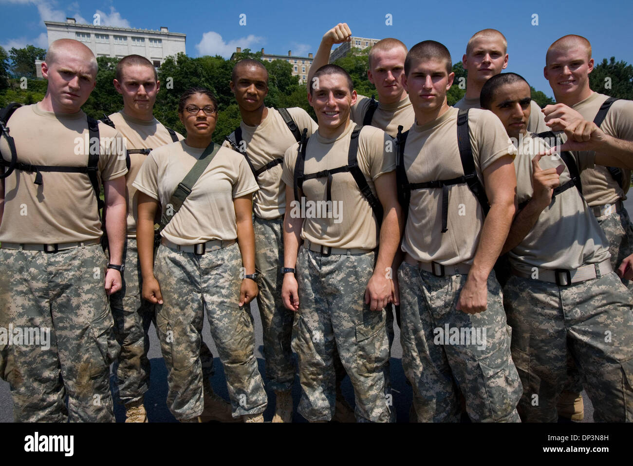 Jul 13, 2006; West Point, NY, USA; 1st Squad, 2nd Platoon of Echo Company, from Cadet Basic Training Class 2010, poses for a group shot. The squad is pumped up after doing well and during the company's Warrior Competition at the River Courts at West Point. July 3, 2006. The year 2006 marks 30 years of women at West Point, United States Military Academy (USMA), as well as all the mi Stock Photo