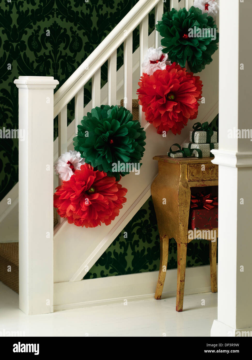 Staircase Decorated with Christmas Crafts and Gifts, Toronto, Ontario, Canada Stock Photo