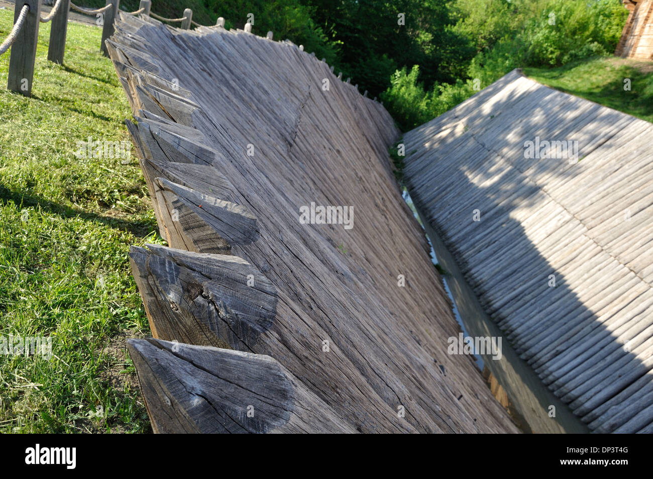 sharp wooden paling as part of old fort moat Stock Photo