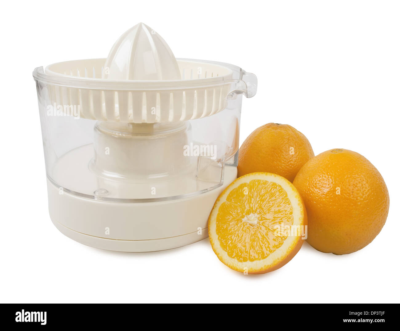 Juice squeezer with few oranges isolated on white background Stock Photo