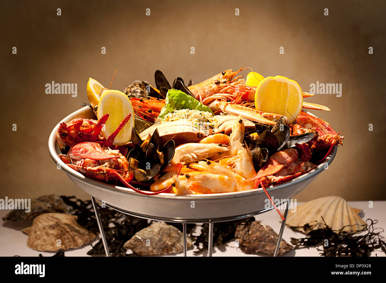 Variety of Seafood on Serving Plate, Studio Shot Stock Photo