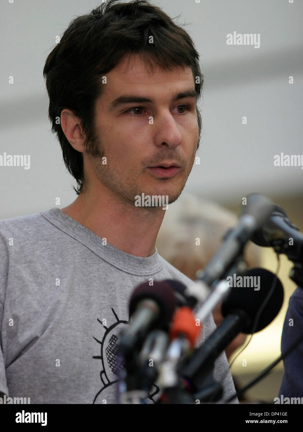 Jul 20, 2006; Baltimore, Maryland, USA; STEPHEN MCINERNEY speak to the press about his experience fleeing Lebanon where the Israeli - Hezbollah conflict continues to intensify. The first flight of American refugees from Lebanon arrived at BWI Airport (Baltimore/Washington) this morning. Most were American citizens visiting Lebanon at the time of the most recent attacks by Israel, a Stock Photo