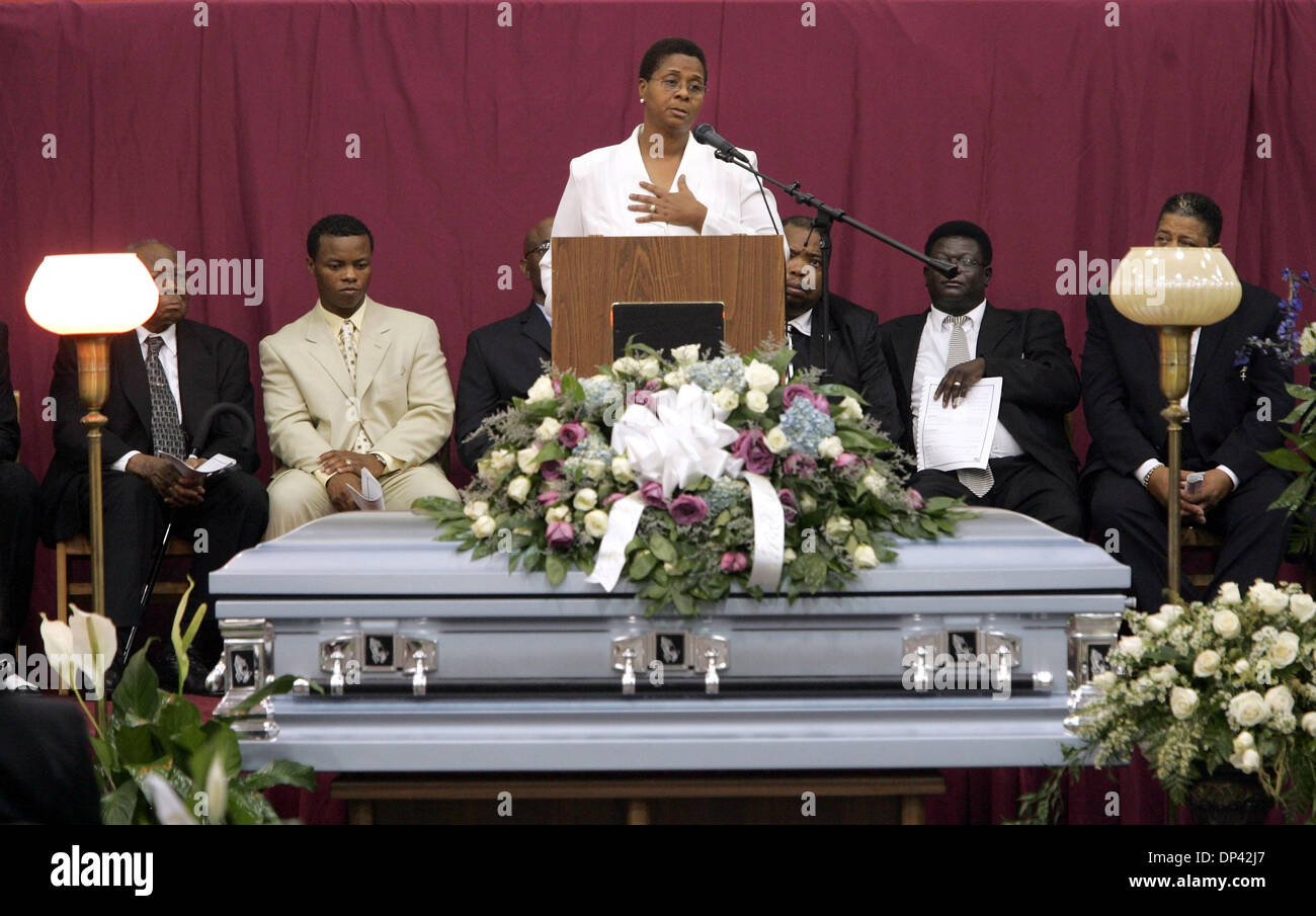 Jul 22, 2006; Belle Glade, FL, USA; Mae Delores Campbell-Harrison speaks during the funeral service for her son, Stanfield S. Watson, Jr.. The funeral service was held at Glades Central Community High School.  Mandatory Credit: Photo by Allen Eyestone/Palm Beach Post/ZUMA Press. (©) Copyright 2006 by Palm Beach Post Stock Photo