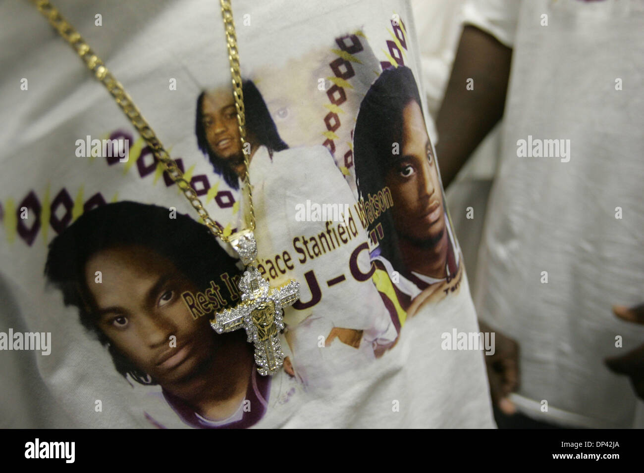 Jul 22, 2006; Belle Glade, FL, USA; T-shirts worn by the Game Room Boyz commemorate Stanfield S. Watson, Jr..  Watson was a member of the close knit group of friends. The Game Room Boyz presented Watson's mother, Mae Delores Campbell-Harrison, with a T-shirt and they also served as pall bearers. Watson was killed in a car crash last Sunday. Mandatory Credit: Photo by Allen Eyestone Stock Photo