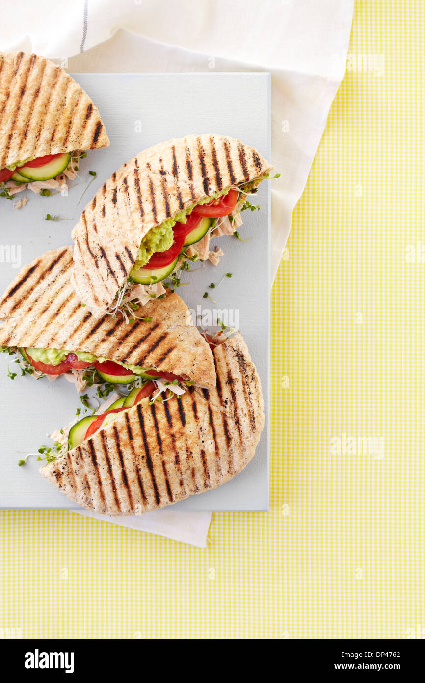 Overhead View of Tuna, Avocado, Tomato and Sprout Pita Pocket