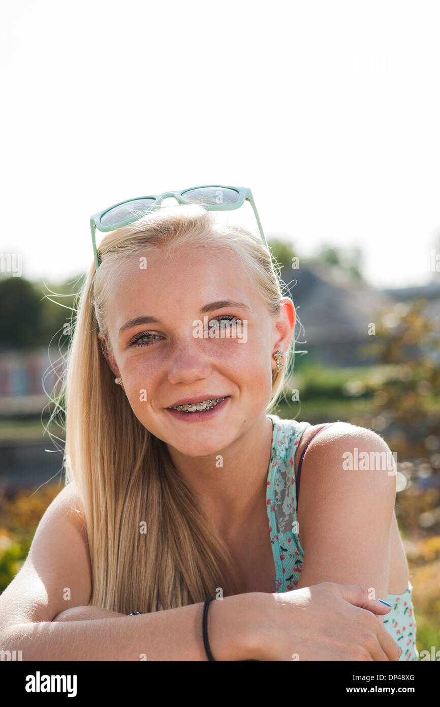 Portrait of Teenage Girl Outdoors, Mannheim, Baden-Wurttemberg, Germany Stock Photo