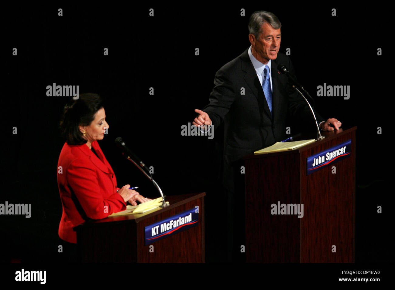 Aug 09, 2006; New York, New York, USA; Republican Senate candidates KATHLEEN TROIA 'KT' MCFARLAND and JOHN SPENCER face off during their second debate at the campus of Pace University in New York City on Wednesday. McFarland, a former Reagan-era Pentagon official (deputy assistant secretary of defense for public affairs) and Spencer, a former mayor of Yonkers, NY, are seeking to un Stock Photo