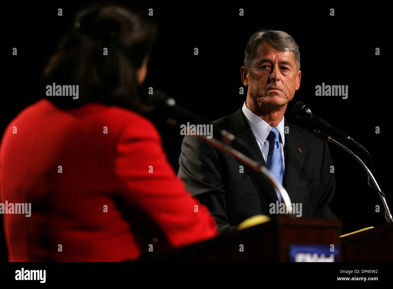 Aug 09, 2006; New York, New York, USA; Republican Senate candidates KATHLEEN TROIA 'KT' MCFARLAND and JOHN SPENCER face off during their second debate at the campus of Pace University in New York City on Wednesday. McFarland, a former Reagan-era Pentagon official (deputy assistant secretary of defense for public affairs) and Spencer, a former mayor of Yonkers, NY, are seeking to un Stock Photo