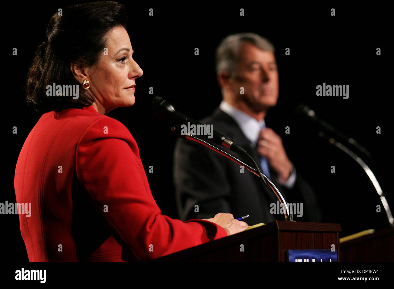 Aug 09, 2006; New York, New York, USA; Republican Senate candidates KATHLEEN TROIA 'KT' MCFARLAND and JOHN SPENCER face off during their second debate at the campus of Pace University in New York City on Wednesday. McFarland, a former Reagan-era Pentagon official (deputy assistant secretary of defense for public affairs) and Spencer, a former mayor of Yonkers, NY, are seeking to un Stock Photo