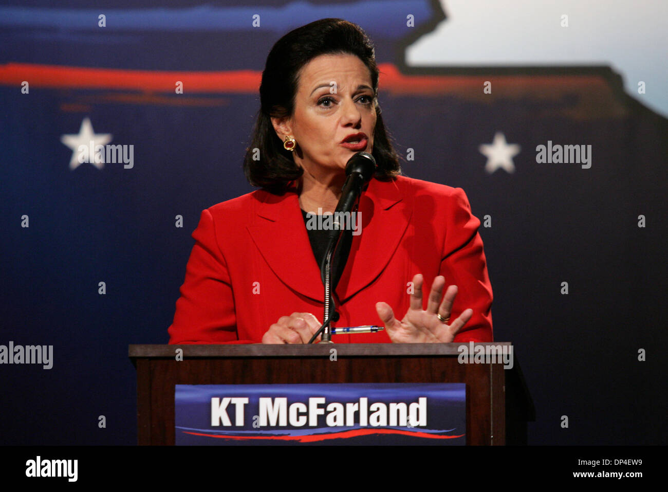 Aug 09, 2006; New York, New York, USA; Republican Senate candidates KATHLEEN TROIA 'KT' MCFARLAND and John Spencer face off during their second debate at the campus of Pace University in New York City on Wednesday. McFarland, a former Reagan-era Pentagon official (deputy assistant secretary of defense for public affairs) and Spencer, a former mayor of Yonkers, NY, are seeking to un Stock Photo