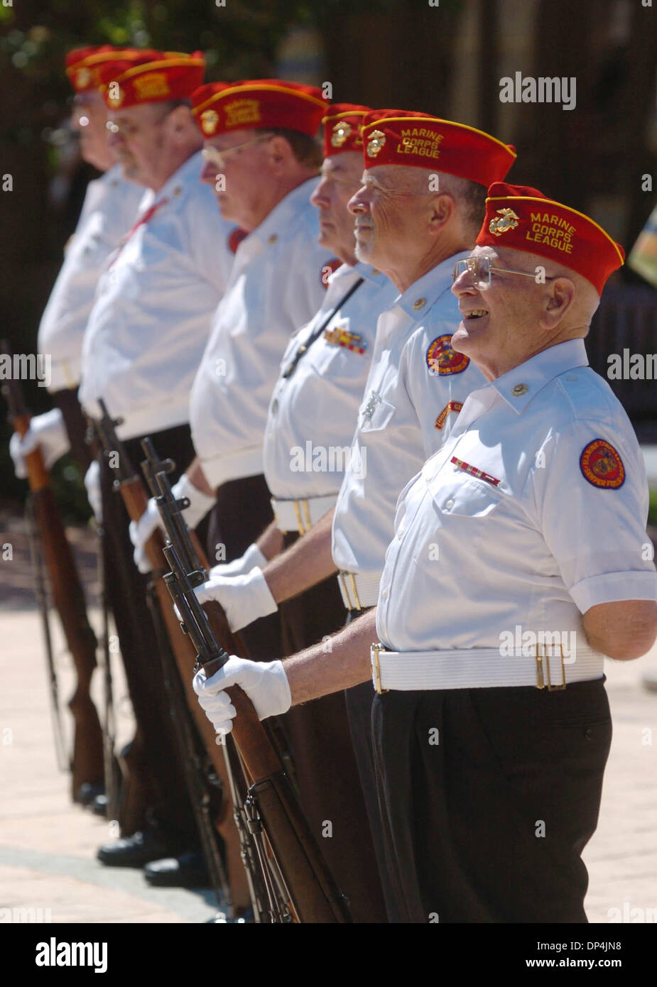 Aug 15, 2006; Rossmoor, CA, USA; HENRY TASSINARI, Lafayette Marine Corps League, #942, (far right), stands at attention with the rest of the Rifle Salute Team during a veterens salute in Rossmoor, Tuesday, August 15,2006. About 250 hundred people attended the event, with guest speakers and a 21 gun salute.  Mandatory Credit: Photo by Bob Larson/Contra Costa Times/ZUMA Press. (©) Co Stock Photo