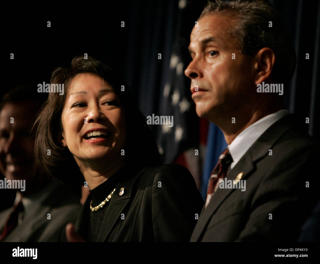 Aug 17, 2006; San Diego, CA, USA; US Attorney CAROL LAM, left, and  JOHN FERNANDES, Special Agent in Charge of the San Diego Office of the DEA, right, during a press conference discussing the arrest on Monday August 14, 2006 in international waters off Baja California of  Francisco Javier Arellano Felix, the kingpin of the Arellano-Felix drug cartel. Arrested along with Arellano Fe Stock Photo