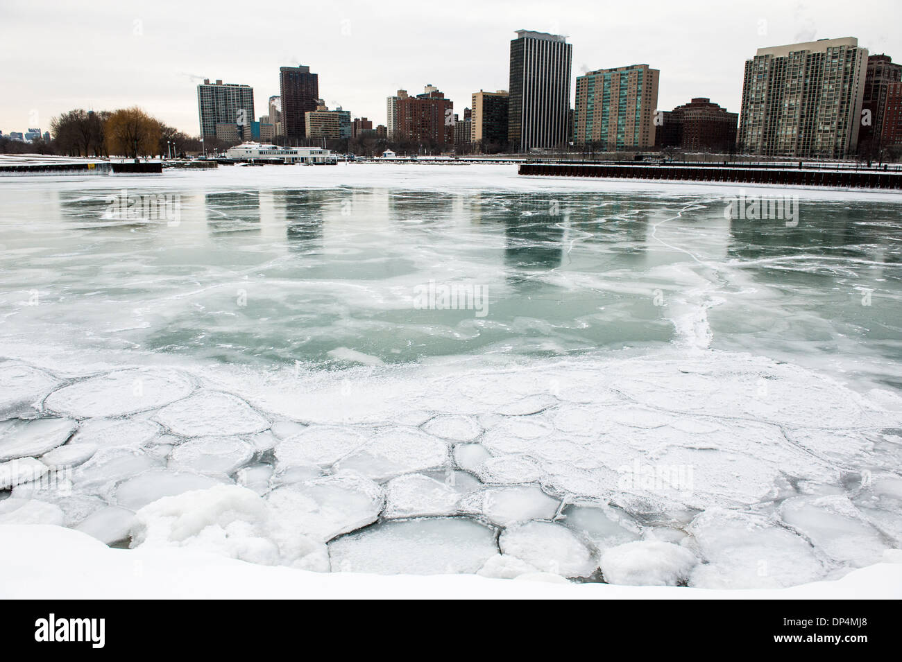 A view of a frozen over Belmont Harbor in Chicago. Photo credit: Max Herman Stock Photo