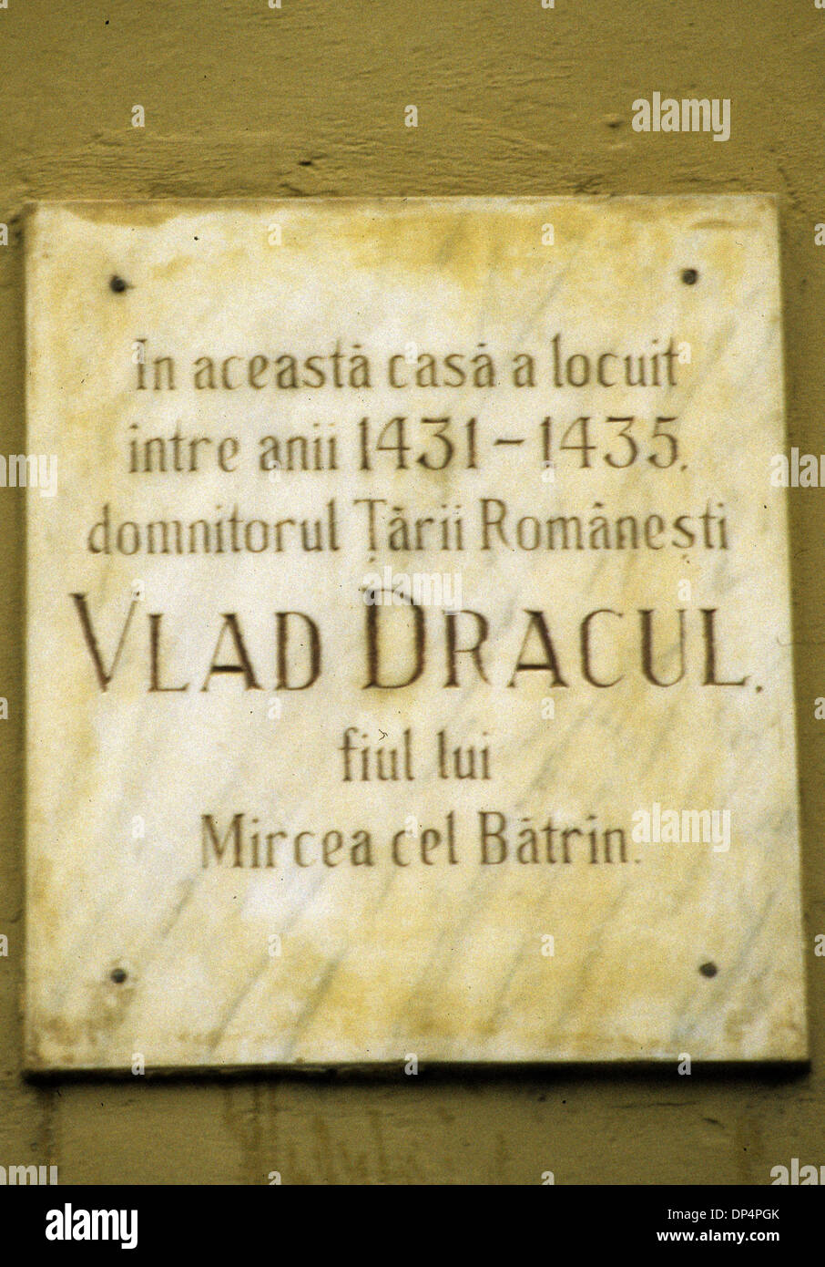 Aug 21, 2006; Sighisoara, ROMANIA; A plaque on the building where Romanian prince Vlad Dracul was born. Mandatory Credit: Photo by Richard Clement/ZUMA Press. (©) Copyright 2006 by Richard Clement Stock Photo