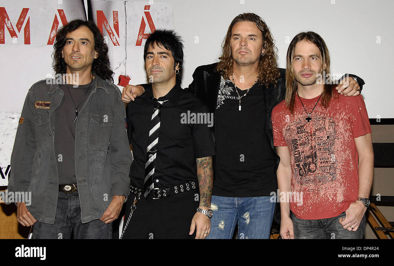 Aug 21, 2006; Beverly Hills, CA, USA; The Mexican rock band 'Mana', from left, JUAN DIEGO CALLEROS, ALEX GONZALEZ, FHER and SERGIO VALLIN, during a press event for the release of their latest CD 'Amar Es Combatir. Mandatory Credit: Photo by Vaughn Youtz/ZUMA Press. (©) Copyright 2006 by Vaughn Youtz Stock Photo