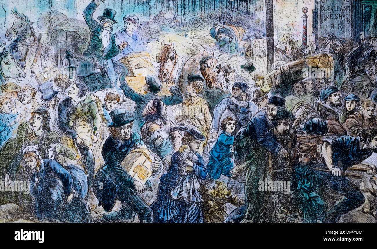 Panic-Stricken Crowd during Great Chicago Fire, Chicago, Illinois, USA, Hand-Colored Lantern Slide, 1871 Stock Photo