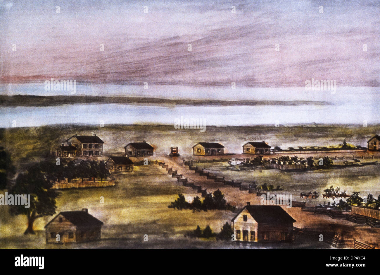 View of Rural Houses and Lake, Chicago, Illinois, USA, Hand-Colored Lantern Slide, Circa 1833 Stock Photo