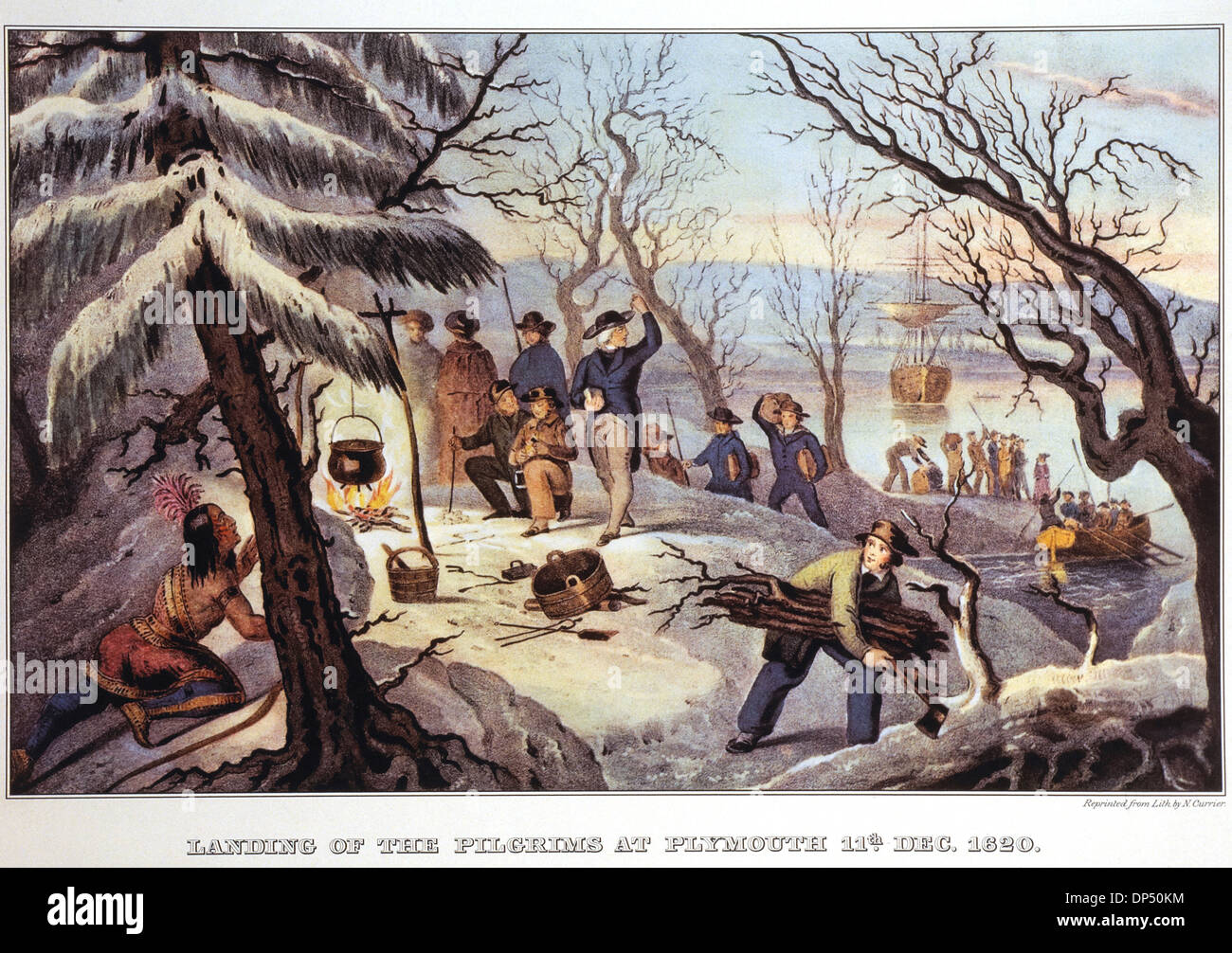 Landing of the Pilgrims at Plymouth Rock, 11th December 1620, Lithograph, Currier & Ives Stock Photo