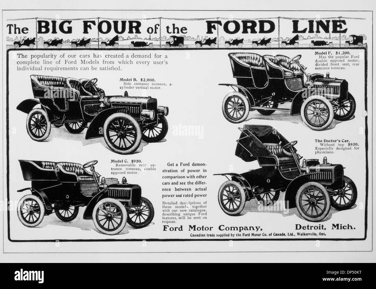 Ford Motor Company Vintage Advertisement Featuring the Big Four Automobiles, circa 1909 Stock Photo