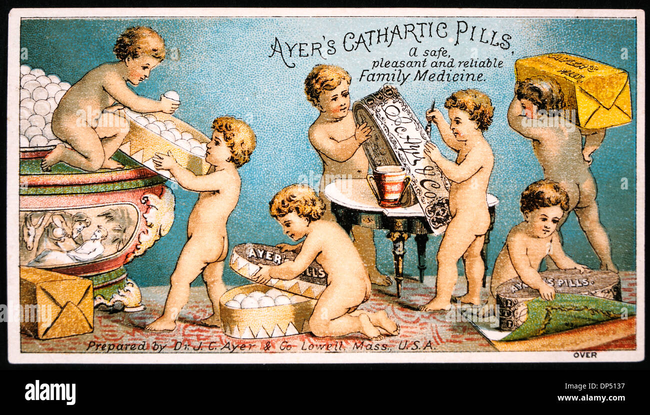 Group of Babies Packing Boxes, Ayer's Cathartic Pills, Vintage Trade Card, circa 1900 Stock Photo