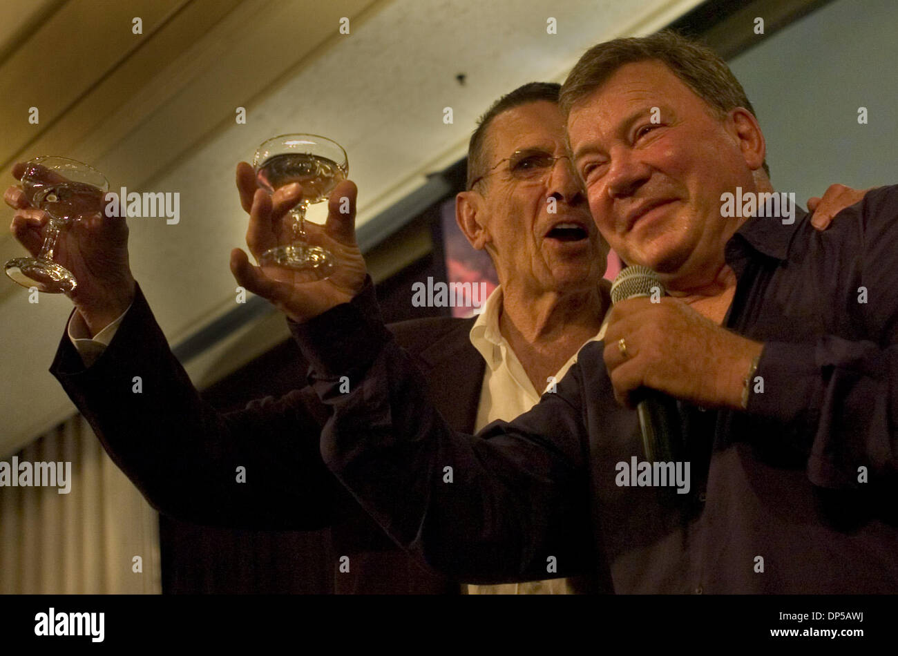 Sep 10, 2006; Sacramento, CA, USA; WILLIAM SHATNER who played Caption Kirk and LEONARD NIMOY who played Mr. Spock on the series Star Trek, celebrated the 40th anniversary of Star Trek by toasting champagne together during a rare appearance together at a convention at the Double Tree hotel in Sacramento on Sunday.  Mandatory Credit: Photo by RenZe C. Byer/Sacramanto Bee/ZUMA Press.  Stock Photo