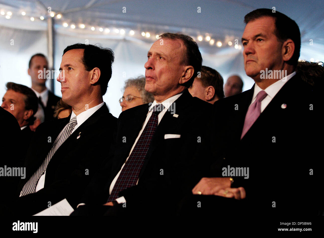 Sep 11, 2006; Shanksville, PA, USA; US Senator RICK SANTORUM (R-PA), US Senator ARLEN SPECTER (R-PA) AND Former PA Governor TOM RIDGE at the 5th anniversary of United Flight 93 on 9/11 a temporary memorial was set up for United Flight 93, that was thwarted by hijackers and crashed in a grassy field on September 11, 2001 in Shanksville, PA, 80 miles south of Pittsburgh.           Ma Stock Photo