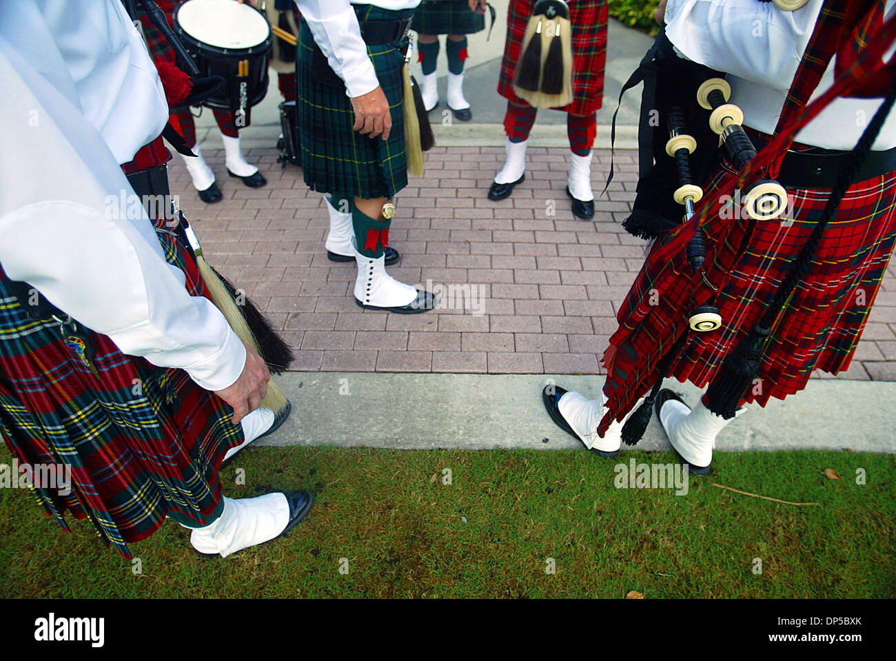 Sep 11, 2006; West Palm Beach, FL, USA; Members of Palm Beach County Pipes and Drums get organized before participating in a memorial held Monday morning at the Meyer amphitheater to remember those who died in the September 11 terroist attacks.  Firefighters from across southern Florida joined together at the Meyer Amphitheater to 'never forget' and honor the 343 firefighters who d Stock Photo