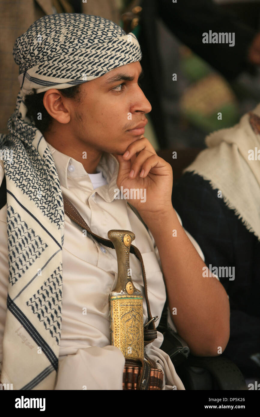 Sep 17, 2006; Sana'a, YEMEN; A supporter deep in thought during the speech by presidential hopeful Faisal Othman Bin Shamlan holding an election rally in Sana'a, the capital of Yemen,  in preparation for election day September 20th September, 2006. Around 20,000 gathered for the rally.  Mandatory Credit: Photo by Wally Nell/ZUMA Press. (©) Copyright 2006 by Wally Nell Stock Photo