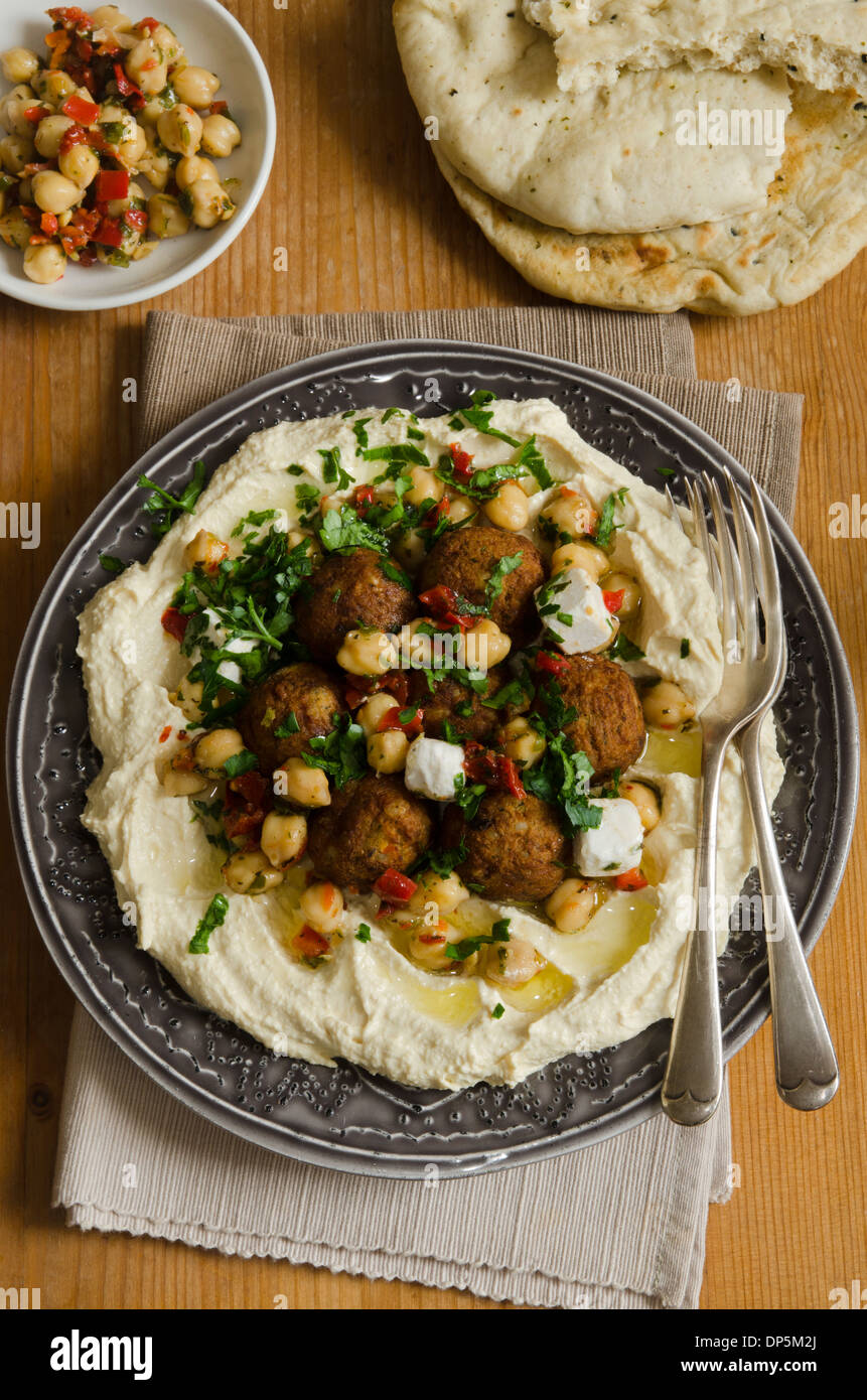 Hummus with falafel and chickpeas Stock Photo