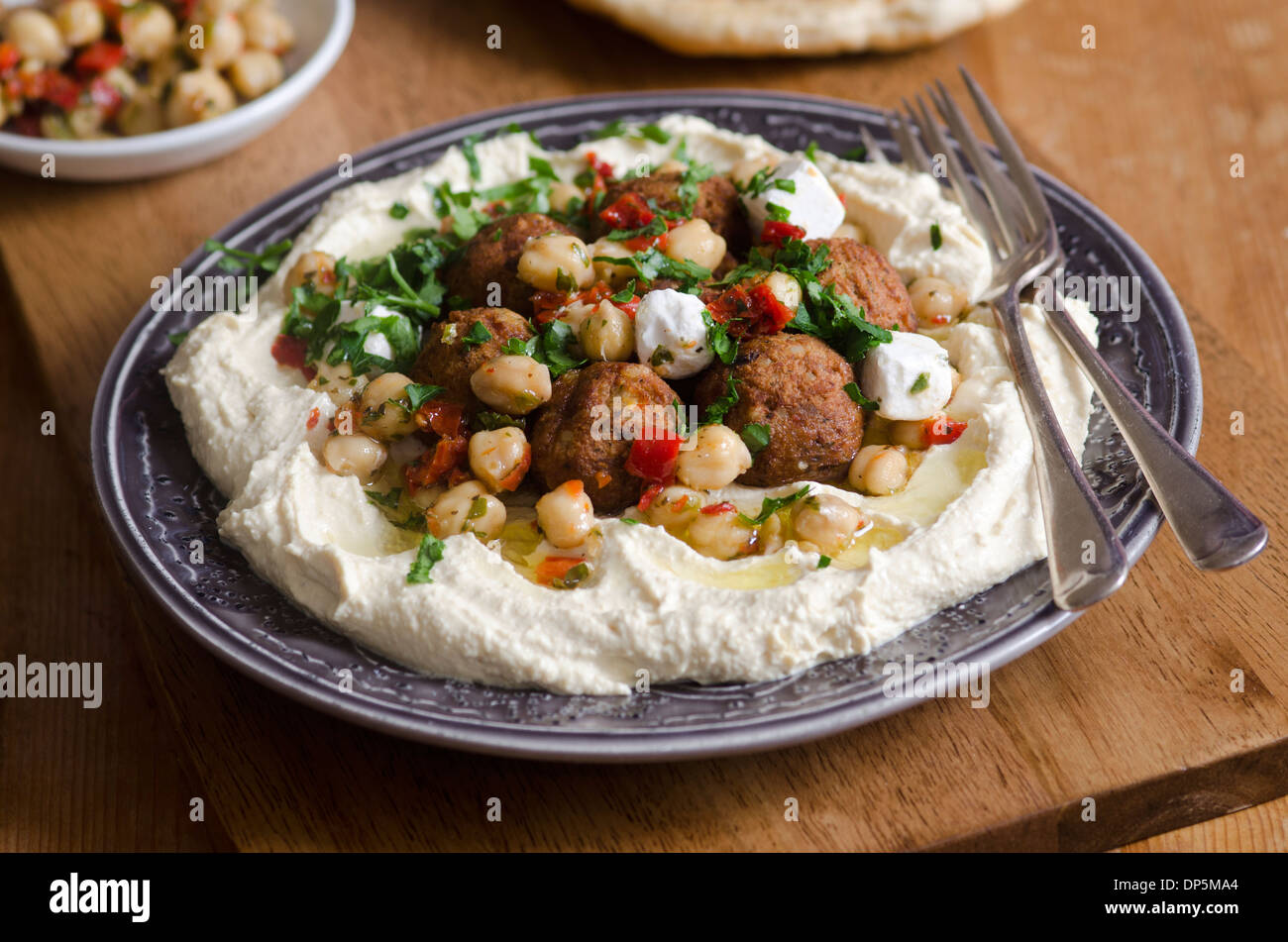 Hummus with falafel and chickpeas Stock Photo