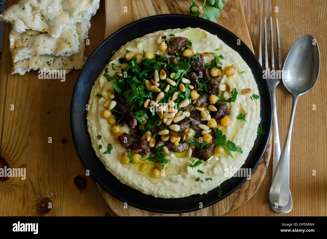 Hummus with lamb meat Stock Photo