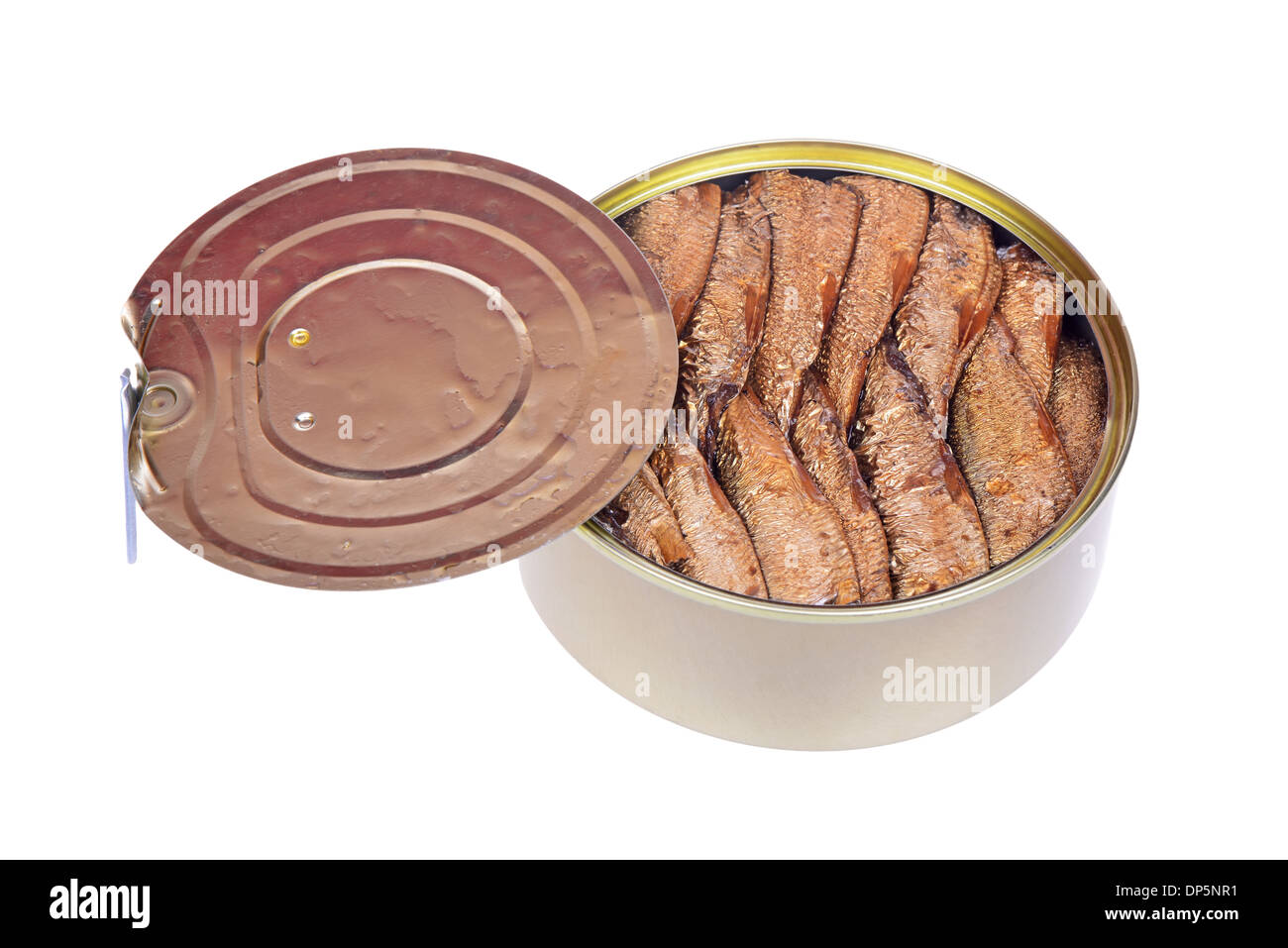 Smoked fish with olive oil in an open tin can on a white background