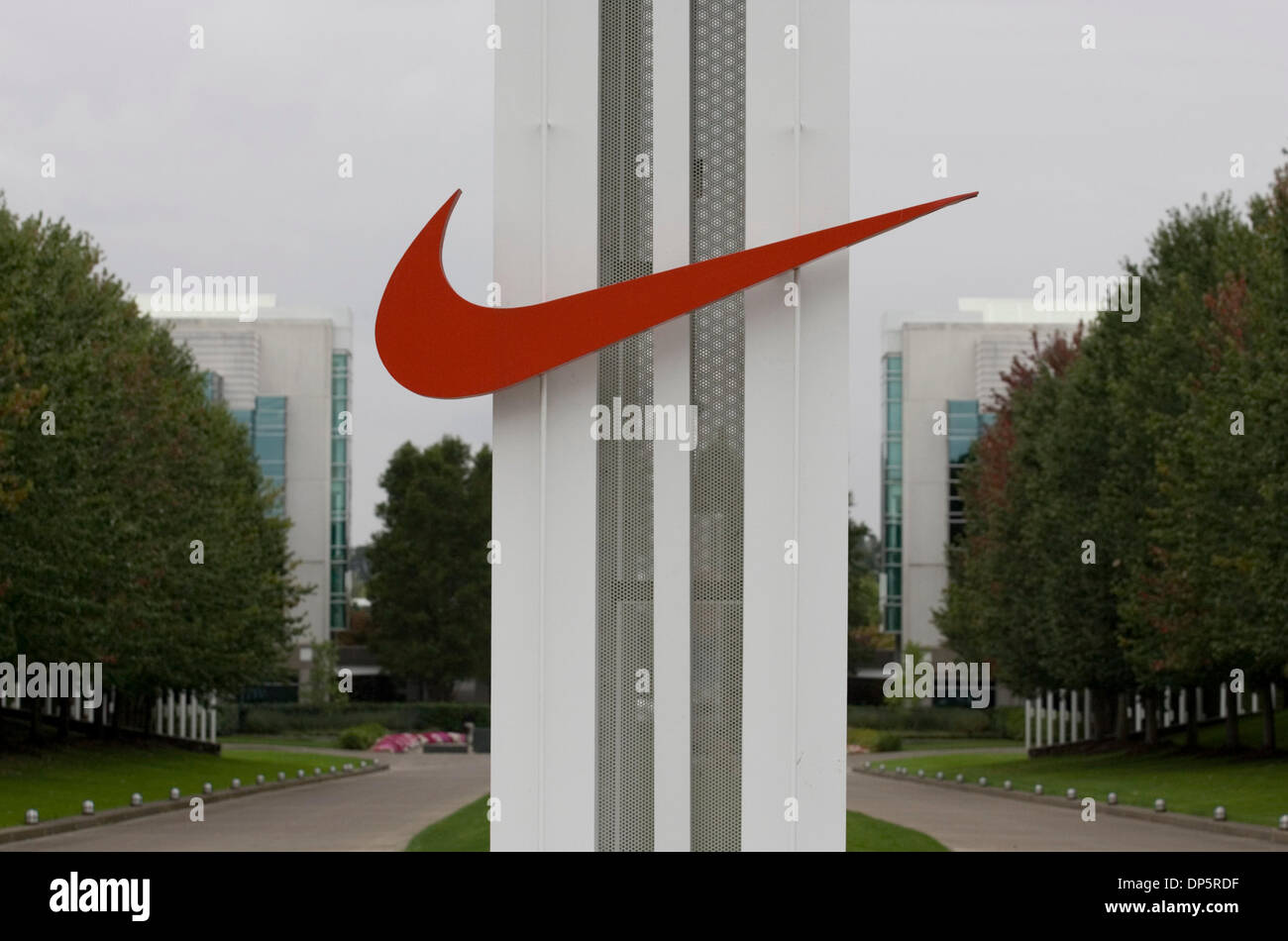 Sep 22, 2006; Beaverton, OR, The Nike logo adorns the entrance to the company's world headquarters in Beaverton, Oregon. Nike is a major manufacturer of athletic shoes, clothing and sports