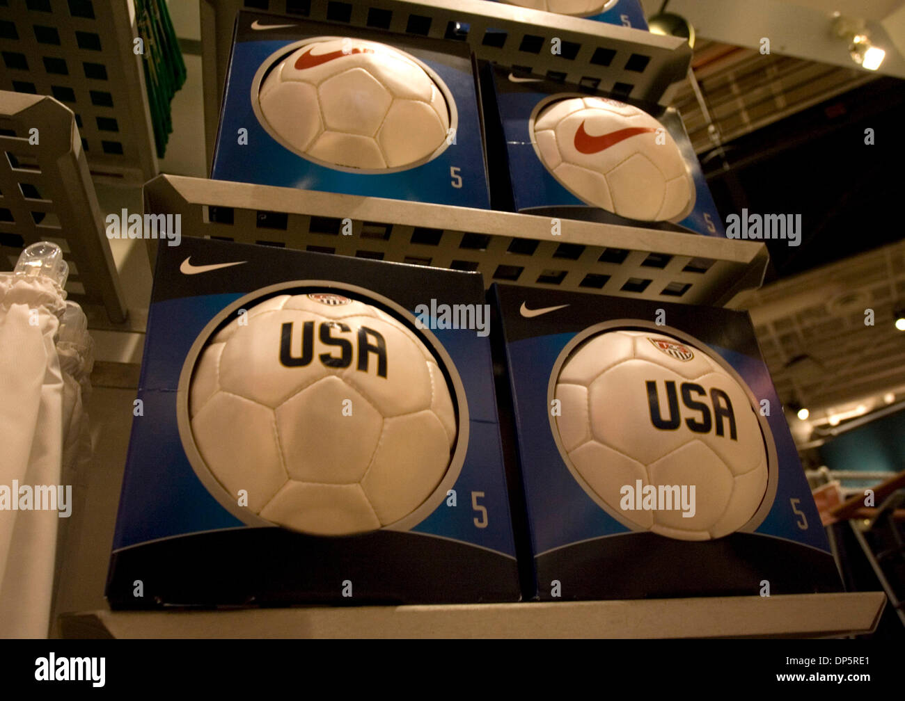 Sep 22, 2006; Portland, OR, USA; Nike logo adorned soccer balls are  displayed at the Niketown store in downtown Portland. Nike is a major  American manufacturer of athletic shoes, clothing and sports