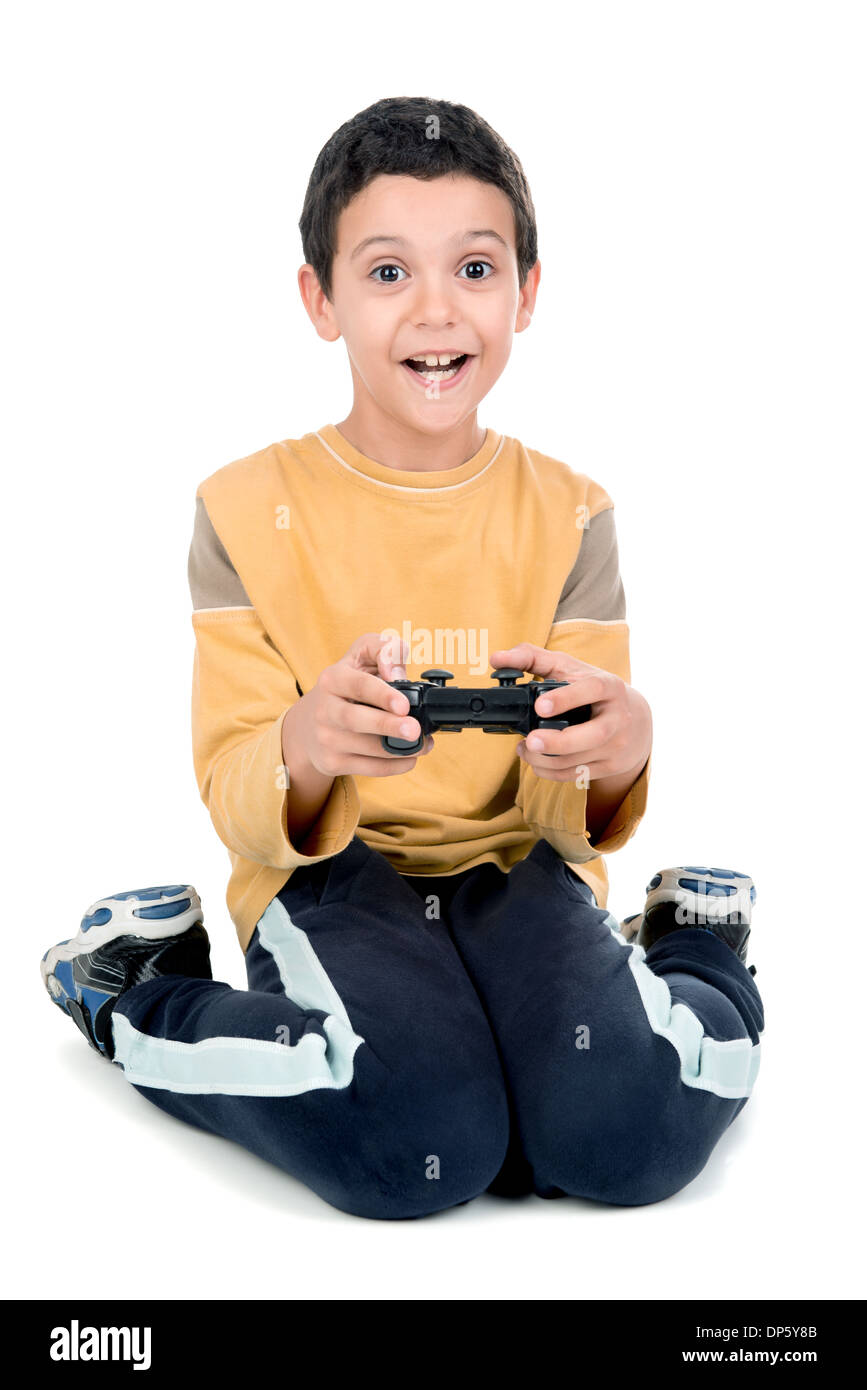 Boy playing video games isolated in white Stock Photo