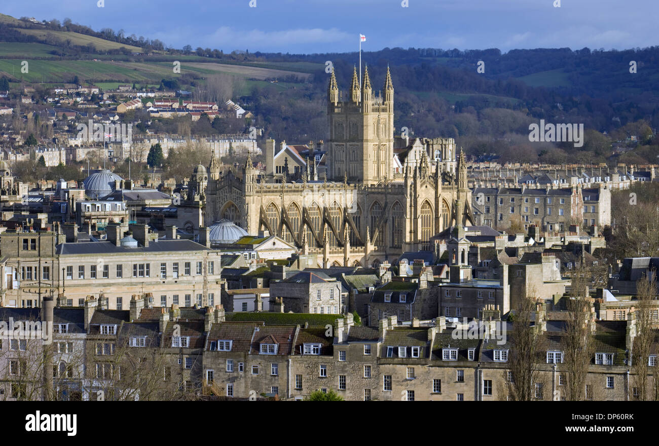 High view point of Bath Abbey surrounded by Georgian architecture and countryside in Bath, England, UK. Shot in November 2009 Stock Photo