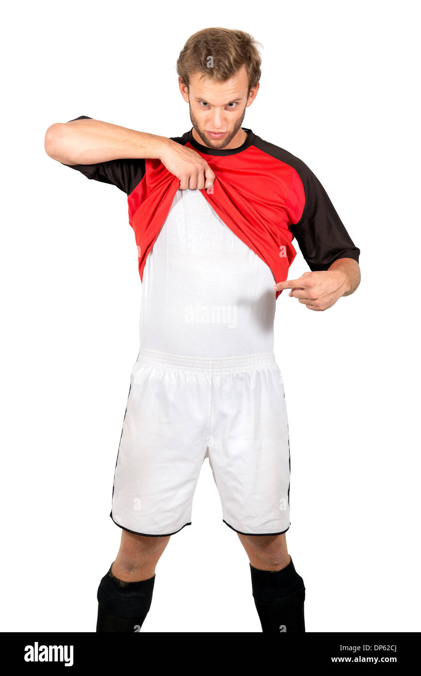 Football player showing under shirt where you can place your text Stock